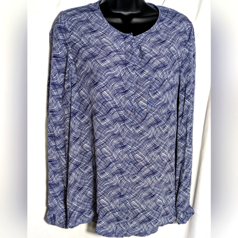 Boden Long Sleeve blue & white collarless Button Down Career Business Casual‎  8